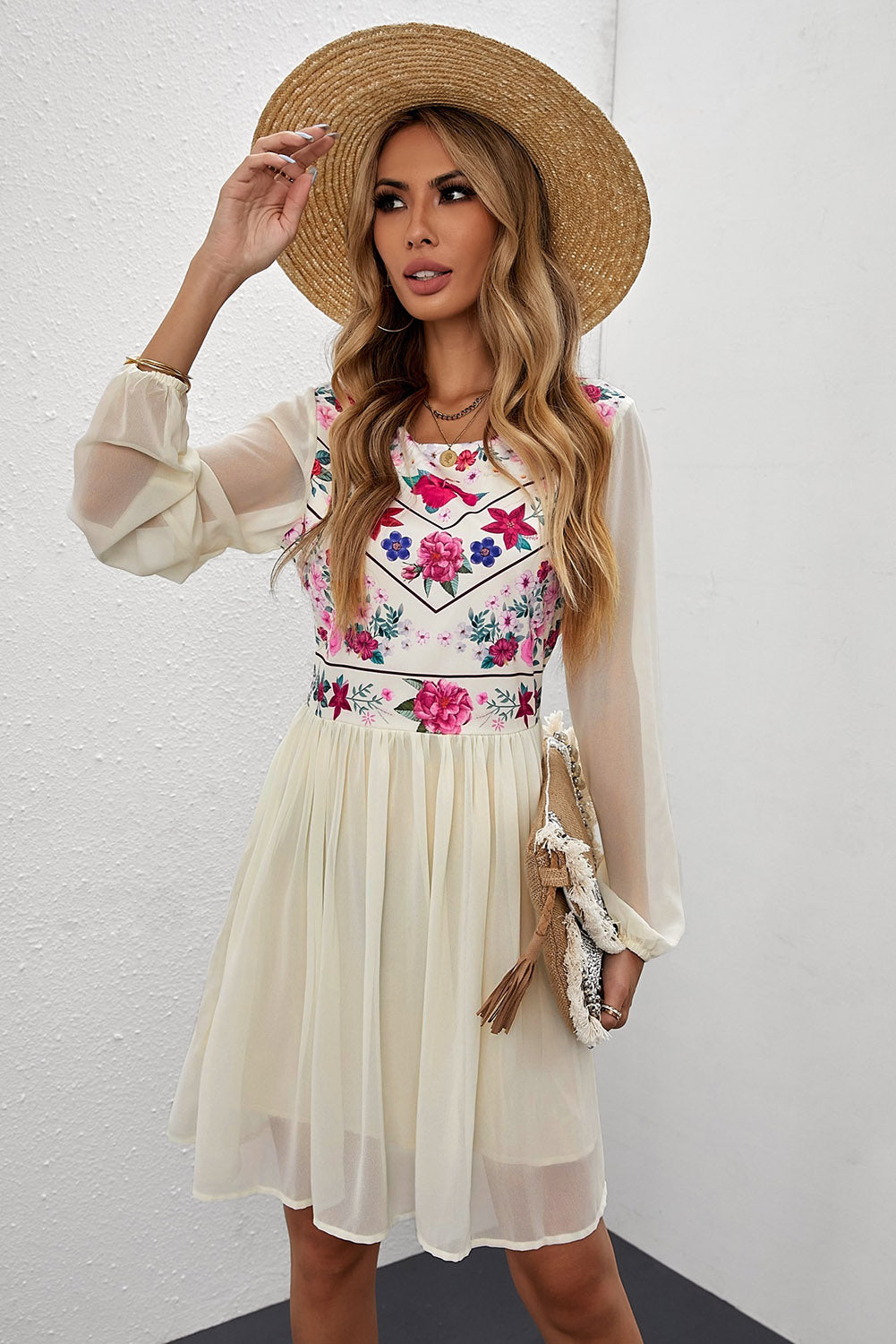 White Boho Floral Mesh Sleeve Lined Dress [Spirit and Rebel] White S 