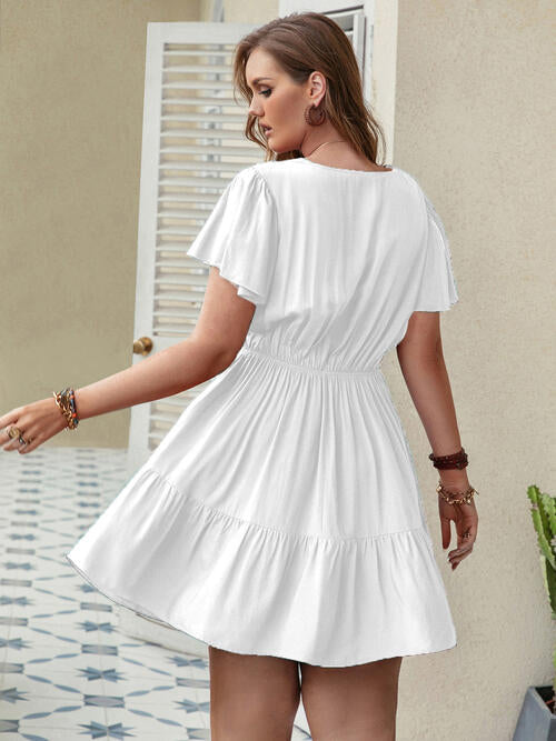 Double Take Plus Size Ruffle Hem V-Neck Short Sleeve Dress [Spirit and Rebel]   