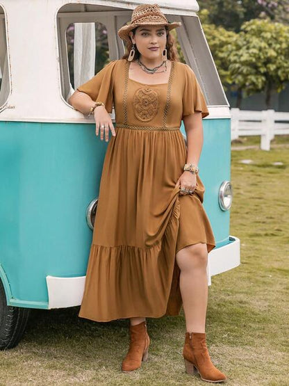 Boho Chic  Plus Size Square Neck Short Sleeve Ruffle Hem Dress [Spirit and Rebel] Caramel 0XL 