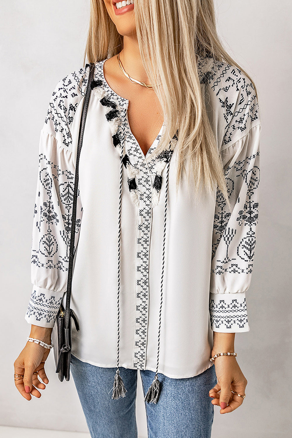 Printed Tassel Tie Puff Sleeve Spirit and Rebel Boho Blouse [Spirit and Rebel] White S 