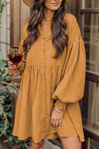 Boho Button Up Lantern Sleeve Dress [Spirit and Rebel] Ochre S 