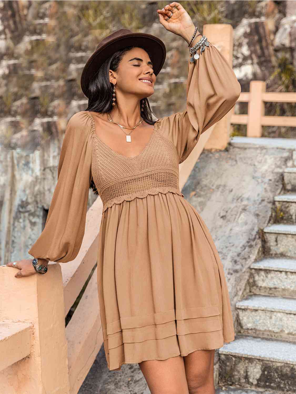 Crochet V-Neck Balloon Sleeve Dress [Spirit and Rebel] Tan S 