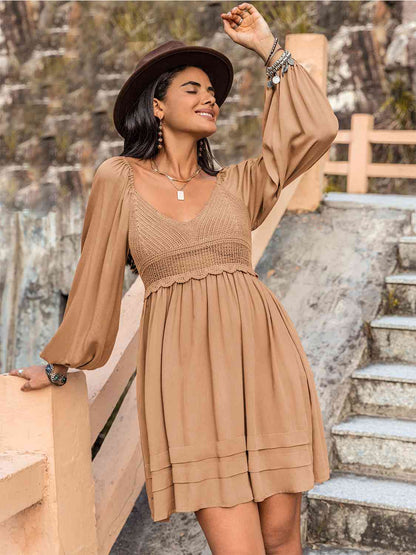 Crochet V-Neck Balloon Sleeve Dress [Spirit and Rebel] Tan S 