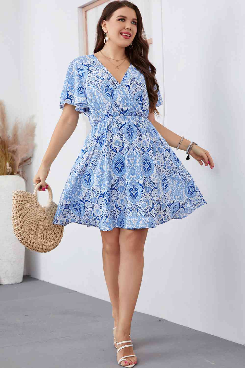 Plus Size Surplice Neck Flutter Sleeve Dress [Spirit and Rebel]   