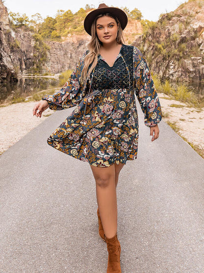 Plus Size Floral Tie Neck Balloon Sleeve Mini Dress [Spirit and Rebel]   