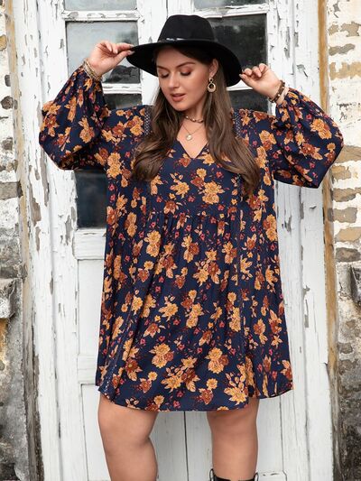 Plus Size Floral V-Neck Balloon Sleeve Dress [Spirit and Rebel] Navy 0XL 