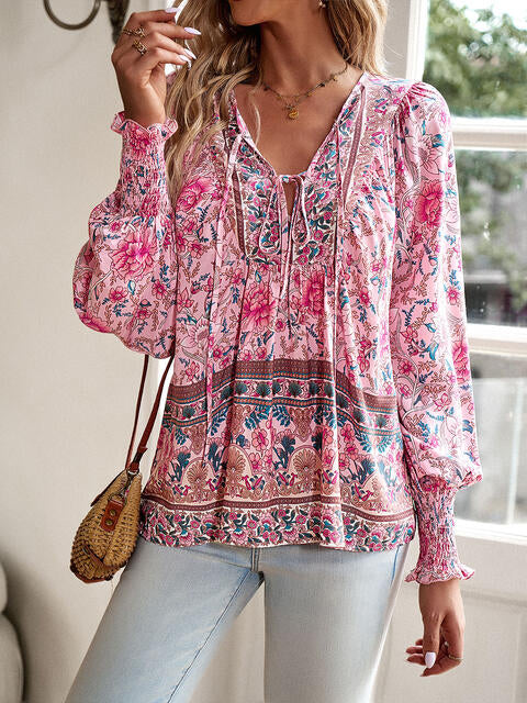 Bohemian Tie Neck Lantern Sleeve Blouse [Spirit and Rebel]   