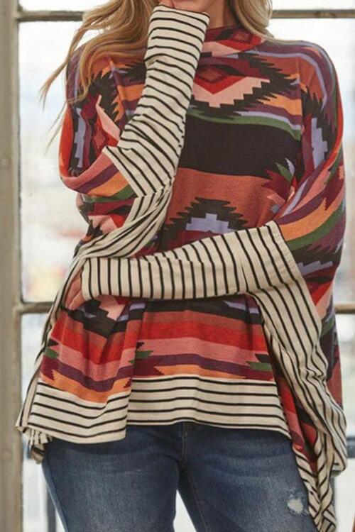 Geometric Striped Splicing Round Neck Blouse [Spirit and Rebel]   