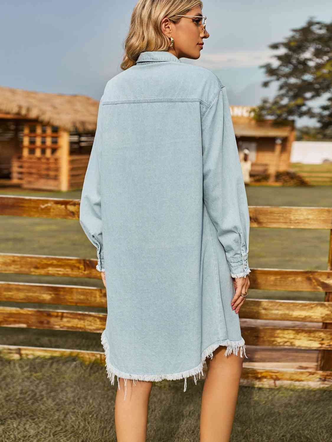 Button Up Collared Neck Raw Hem Denim Dress [Spirit and Rebel]   