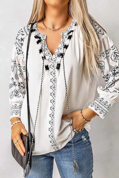 Printed Tassel Tie Puff Sleeve Spirit and Rebel Boho Blouse [Spirit and Rebel]   