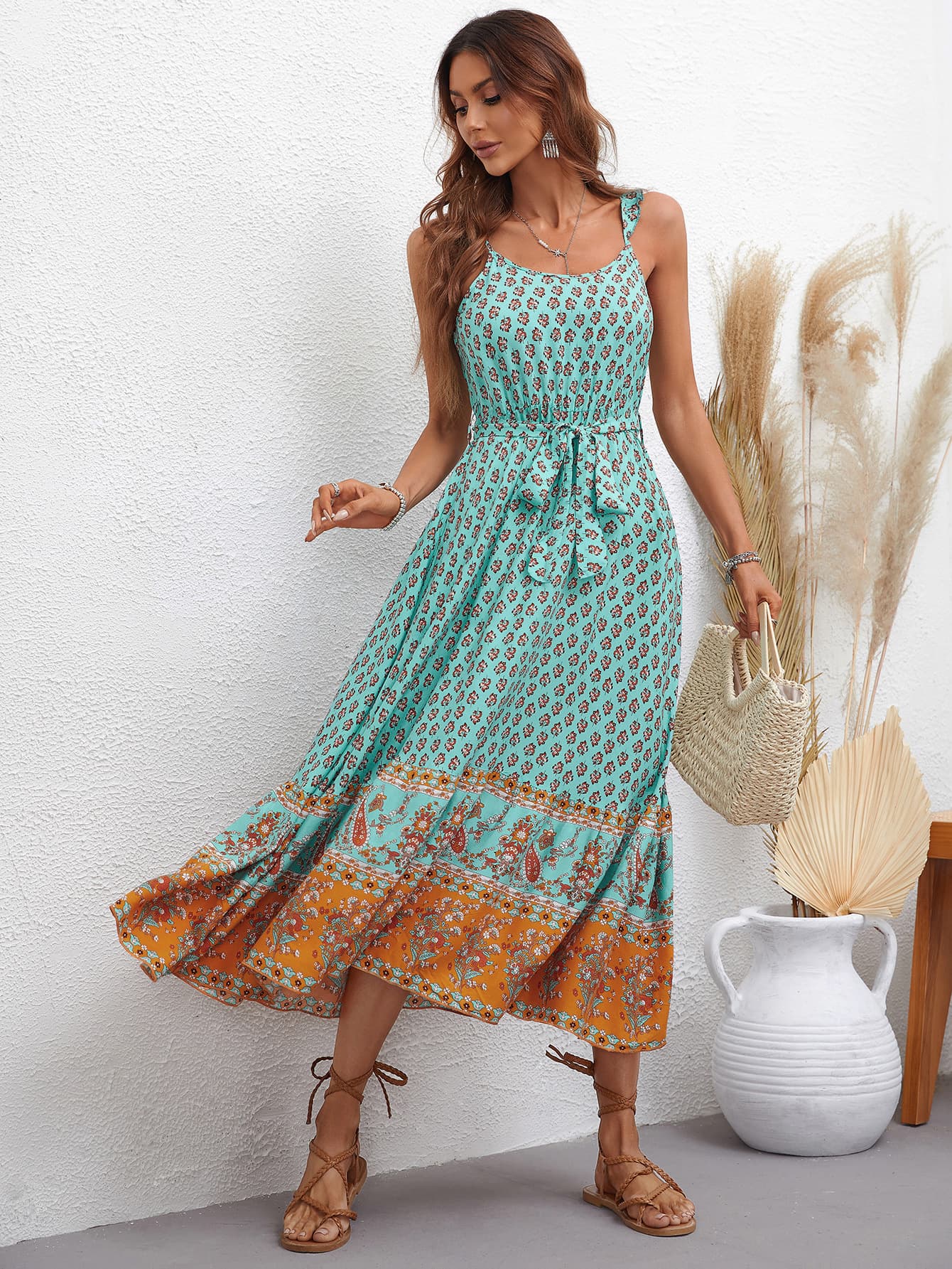 Bohemian Tie Waist Scoop Neck Dress [Spirit and Rebel]   