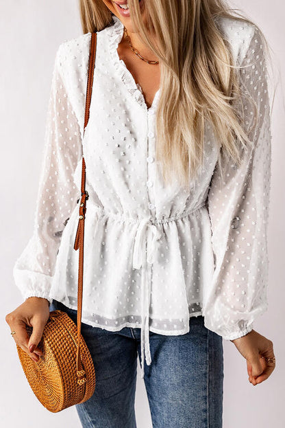 Boho Chic  Ruffle Trim Drawstring Long Sleeve Blouse [Spirit and Rebel] White S 