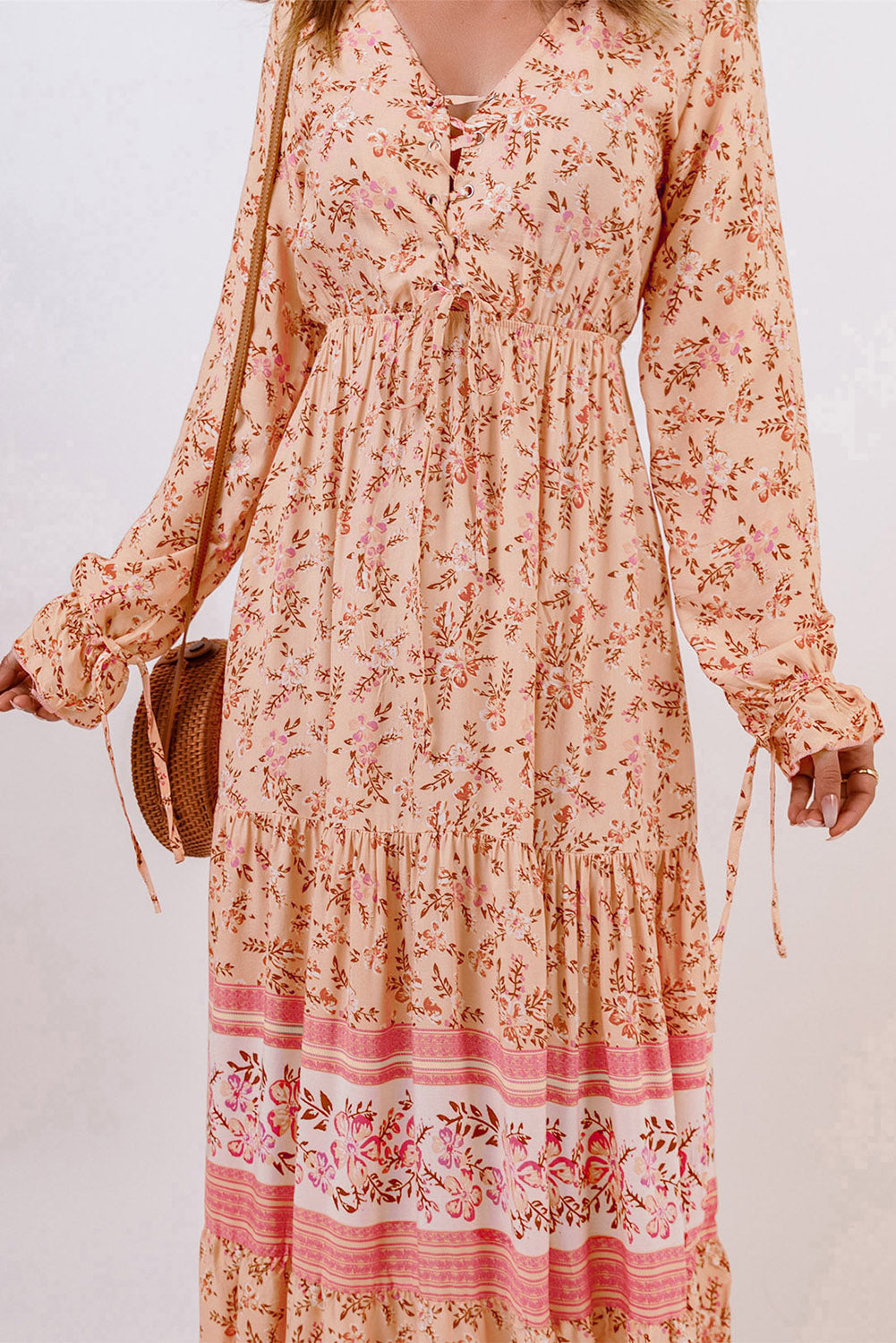 Bohemian Lace-Up Long Sleeve Maxi Dress [Spirit and Rebel]   