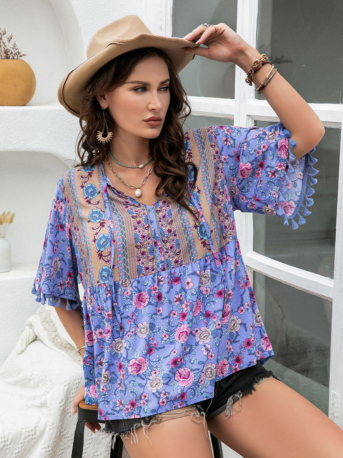 Plus Size Printed V-Neck Half Sleeve Blouse [Spirit and Rebel] Electric Purple 0XL 