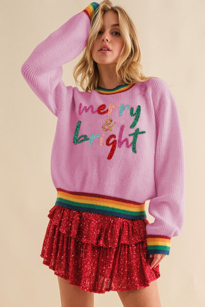 Boho MERRY & BRIGHT Ribbed Round Neck Sweater [Spirit and Rebel] Blush Pink S 