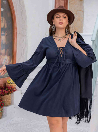 Plus Size Tie Front V-Neck Flare Sleeve Dress [Spirit and Rebel]   