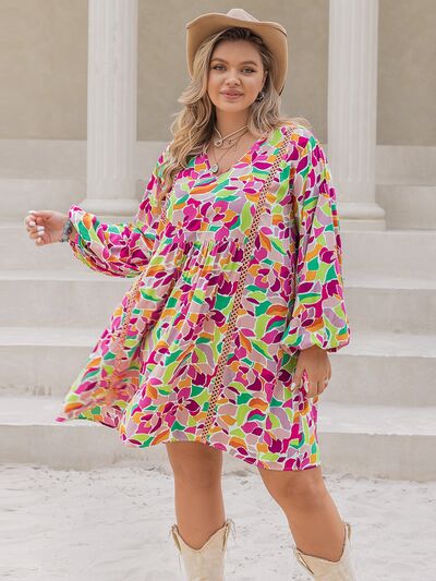 Boho Plus Size Printed V-Neck Balloon Sleeve Mini Dress [Spirit and Rebel]   