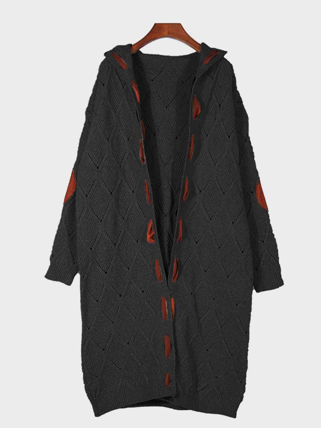 Openwork Long Sleeve Open Front Hooded Cardigan [Spirit and Rebel] Black S 