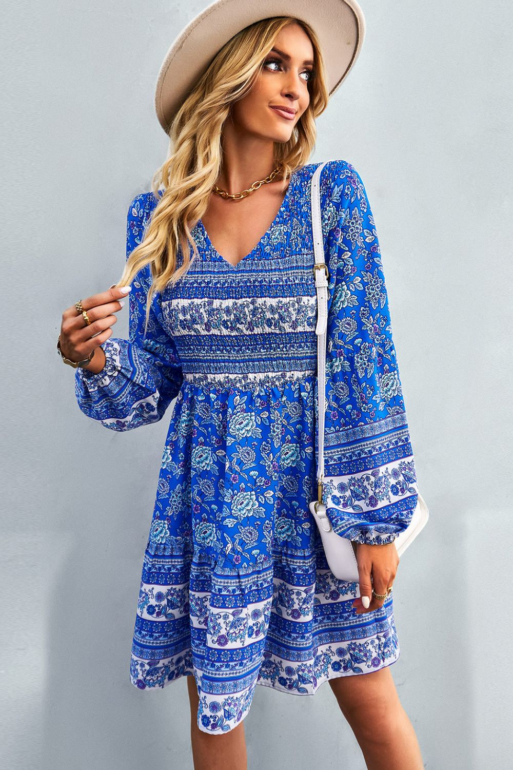 Boho Bohemian V-Neck Balloon Sleeve Dress [Spirit and Rebel]   