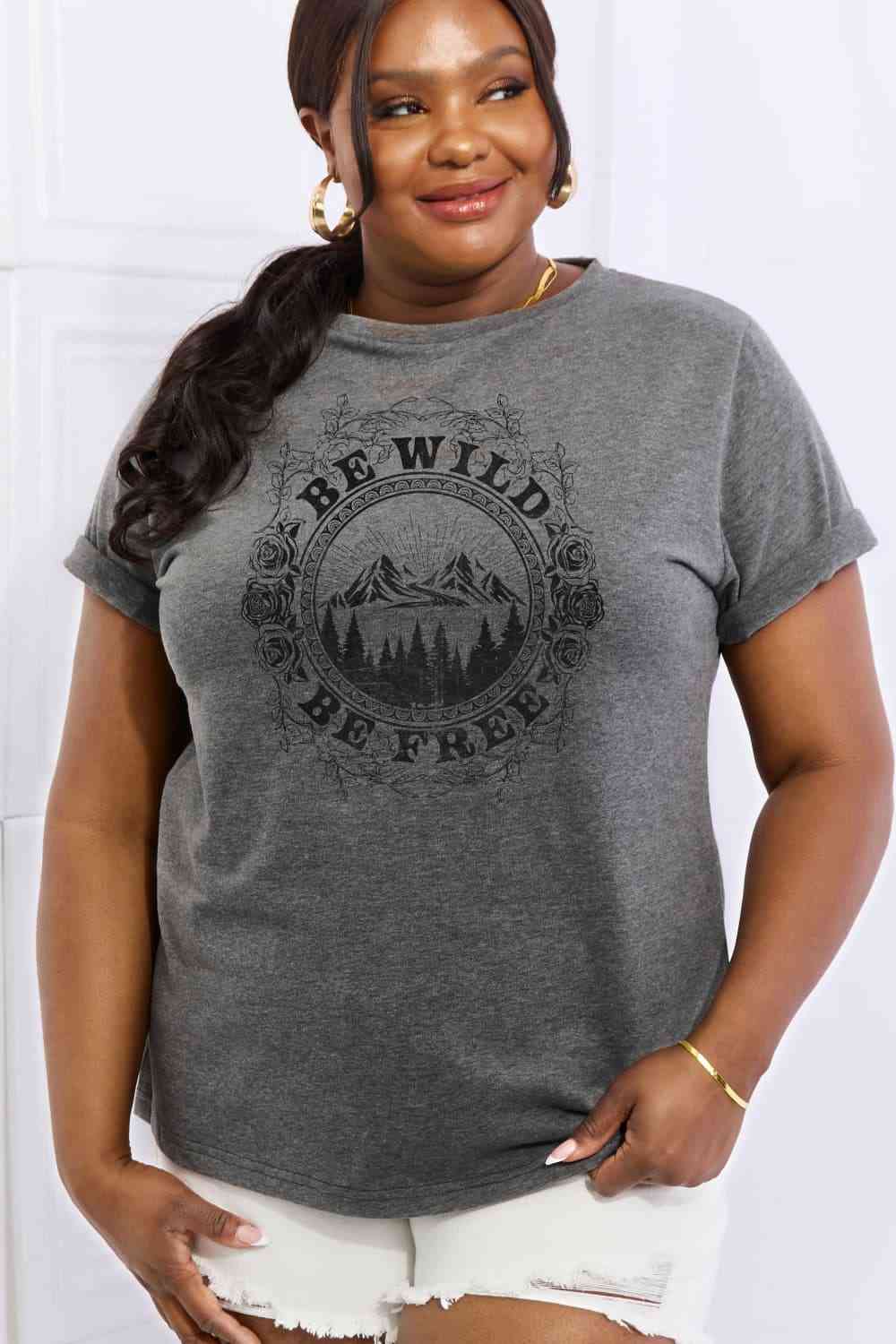 Simply Love Full Size BE WILD BE FREE Graphic Cotton T-Shirt [Spirit and Rebel] Charcoal S 