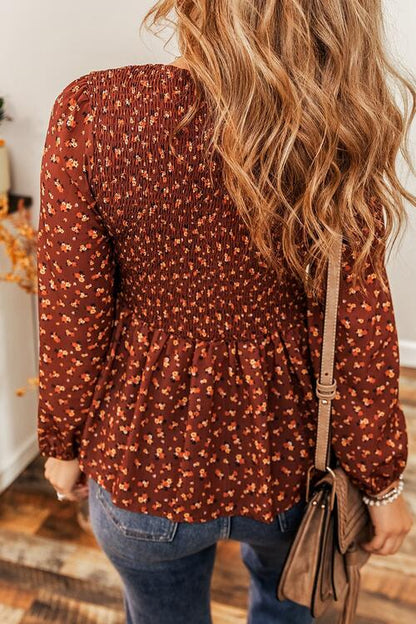 Floral Smocked Ruffle Hem Long Sleeve Blouse [Spirit and Rebel]   