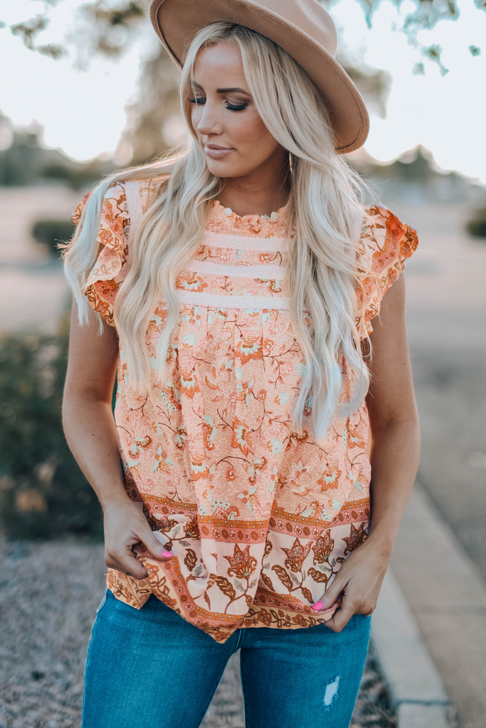 Floral Flutter Sleeve Sleeveless Boho Blouse [Spirit and Rebel] Sherbet L 