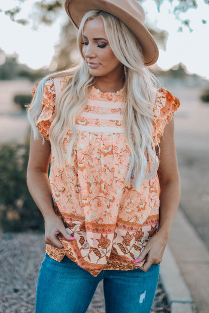 Floral Flutter Sleeve Sleeveless Boho Blouse [Spirit and Rebel] Sherbet XL 