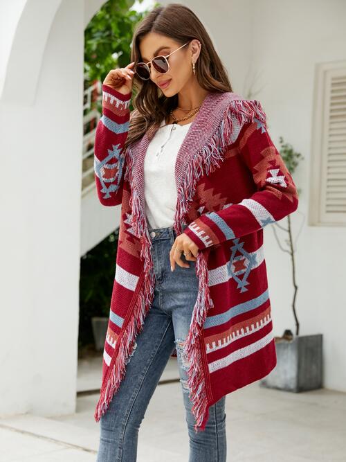 Boho Chic  Fringe Geometric Hooded Long Sleeve Cardigan [Spirit and Rebel]   