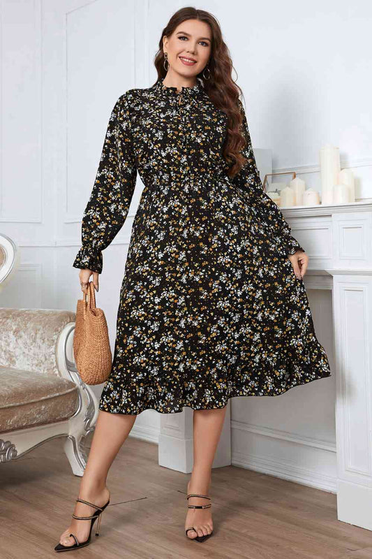 Melo Apparel Plus Size Floral Flounce Sleeve Midi Dress [Spirit and Rebel] Black 1XL 