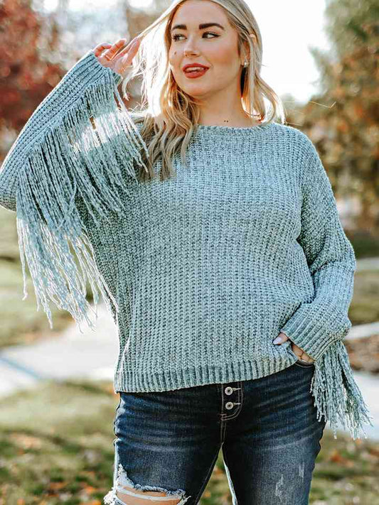 Plus Size Round Neck Long Sleeve Fringe Detail Sweater [Spirit and Rebel] Cloudy Blue 1XL 