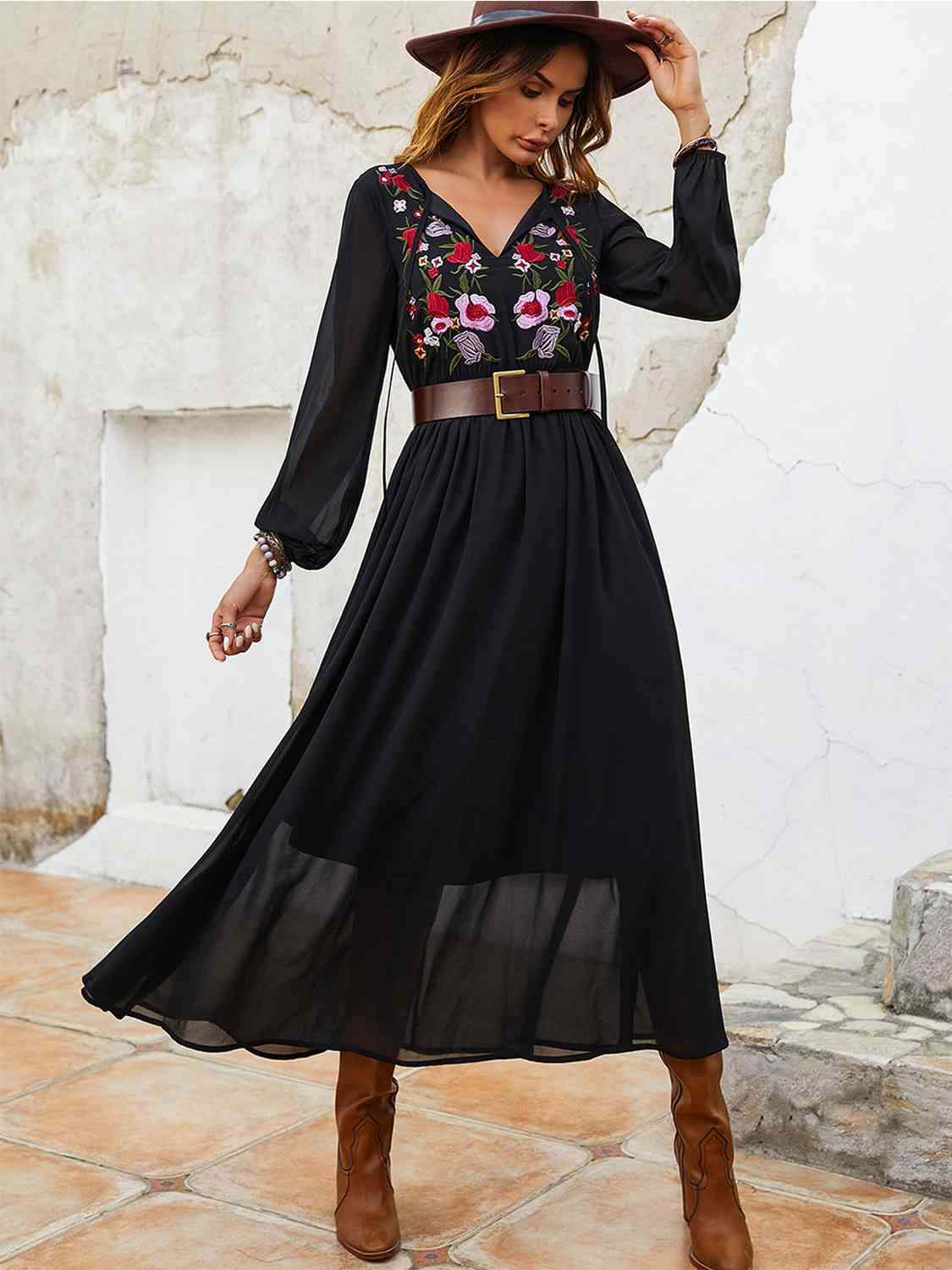 Flower Tie Neck Balloon Sleeve Dress [Spirit and Rebel]   