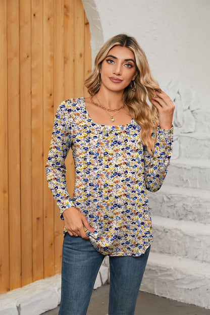 Printed Square Neck Long Sleeve Blouse [Spirit and Rebel] Floral S 