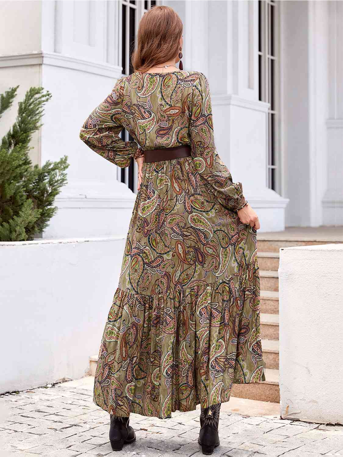 Printed Tie Neck Ruffle Hem Long Sleeve Dress [Spirit and Rebel]   