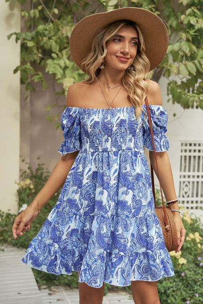 Printed Flounce Sleeve Smocked Boho Dress [Spirit and Rebel]   