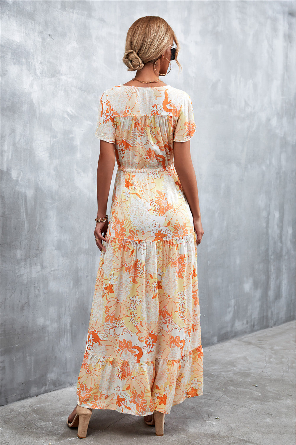 Floral Buttoned Drawstring Waist Tiered Boho Dress [Spirit and Rebel]   