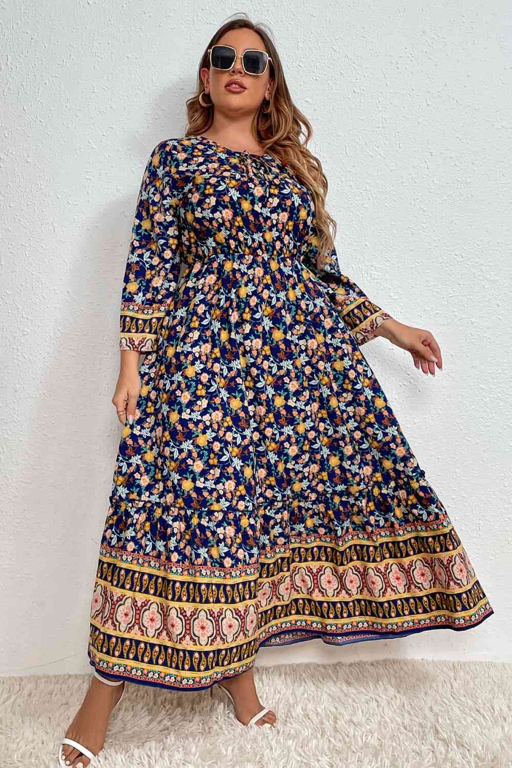 Plus Size Bohemian Round Neck Maxi Dress [Spirit and Rebel] Multicolor 1XL 