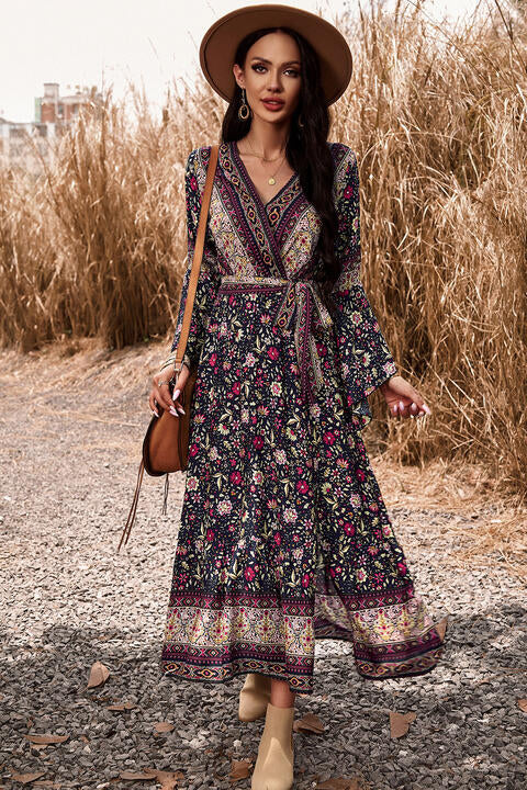 Bohemian Surplice Neck Slit Dress [Spirit and Rebel] Chestnut S 