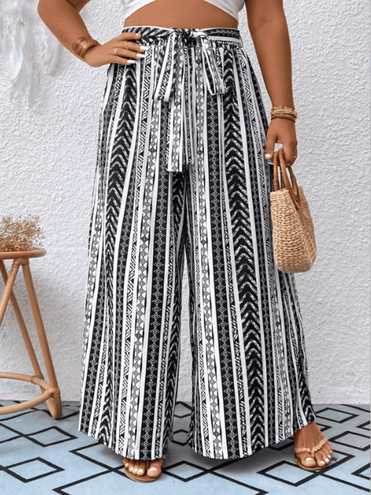 Plus Size Striped Tied Wide Leg Pants [Spirit and Rebel] Black 0XL 