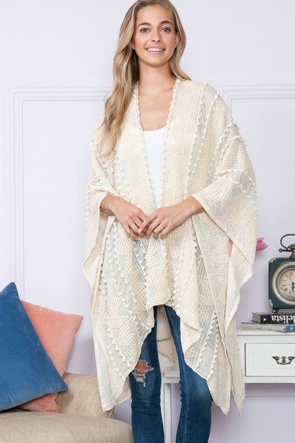 Justin Taylor Pom-Pom Asymmetrical Poncho Boho Cardigan [Spirit and Rebel] Ivory One Size 