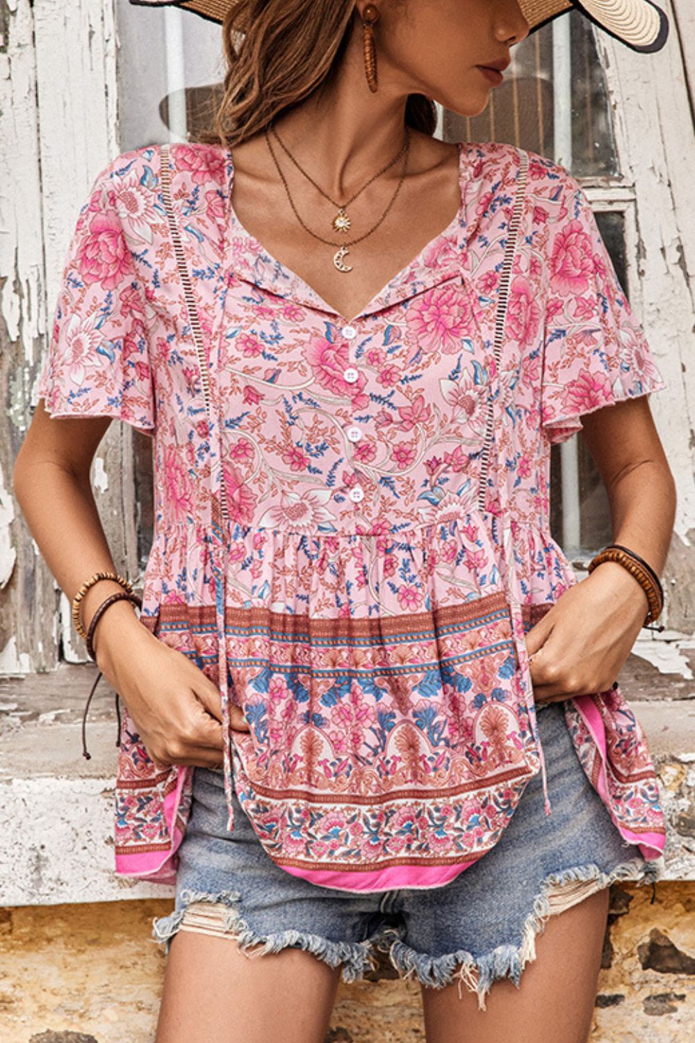 Bohemian Button Tie-Neck Peplum Blouse [Spirit and Rebel] Floral S 