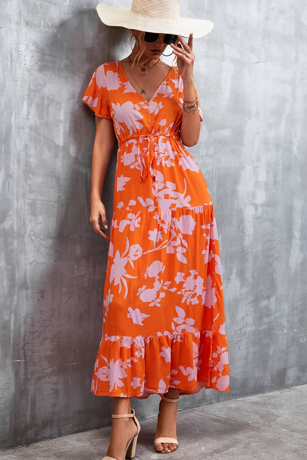 Floral Buttoned Drawstring Waist Tiered Boho Dress [Spirit and Rebel]   