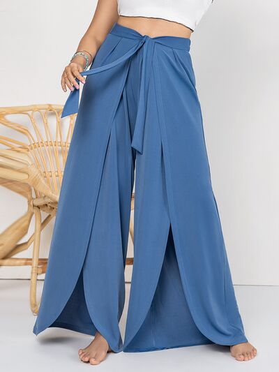 Boho Plus Size Tied Slit Wide Leg Pants [Spirit and Rebel]   