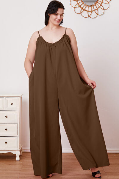 Full Size Ruffle Trim Tie Back Cami Jumpsuit with Pockets [Spirit and Rebel]   