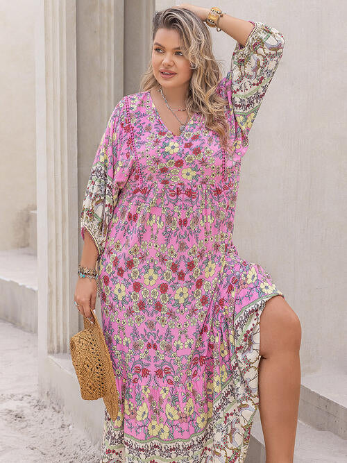 Plus Size Floral V-Neck Balloon Sleeve Midi Dress [Spirit and Rebel]   