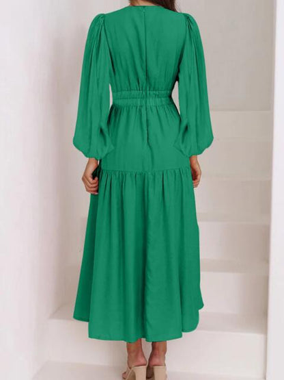 Deep V-Neck Balloon Sleeve Plain Maxi Dress [Spirit and Rebel]   