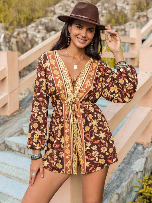 V-Neck Long Sleeve Romper [Spirit and Rebel] Chestnut S 