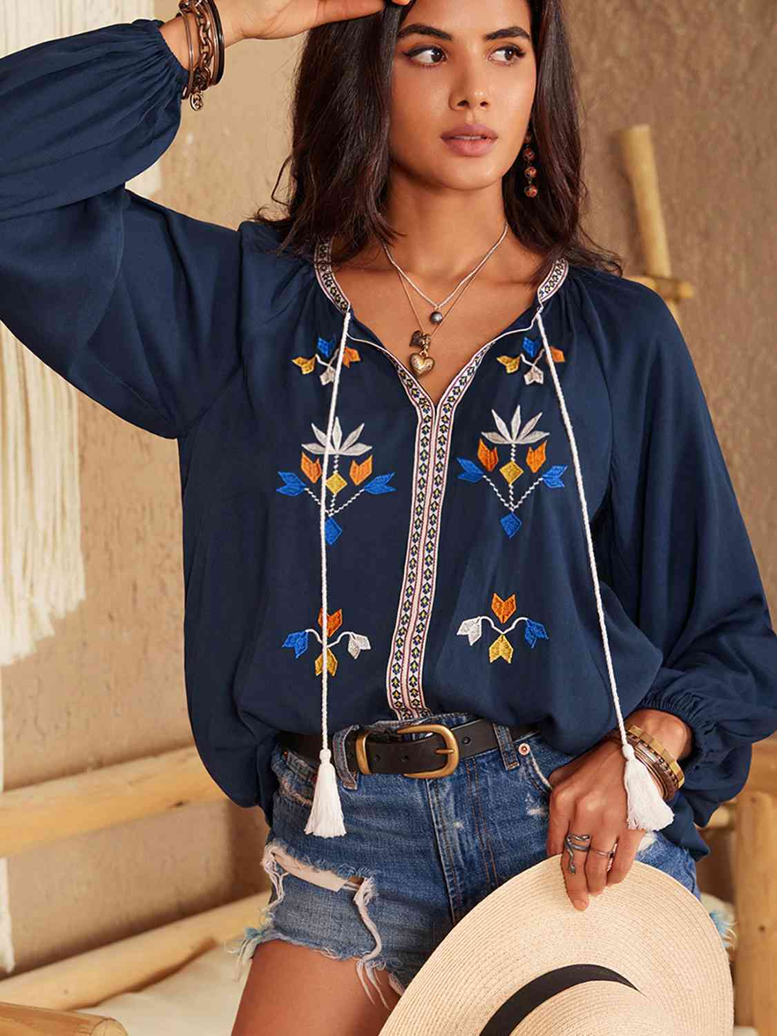 Floral Tie Neck Balloon Sleeve Blouse [Spirit and Rebel]   