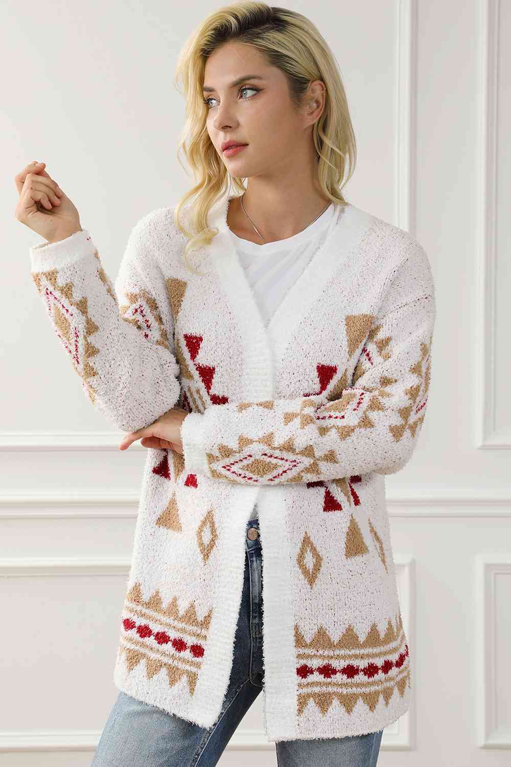 Geometric Open Front Long Sleeve Cardigan [Spirit and Rebel] White S 