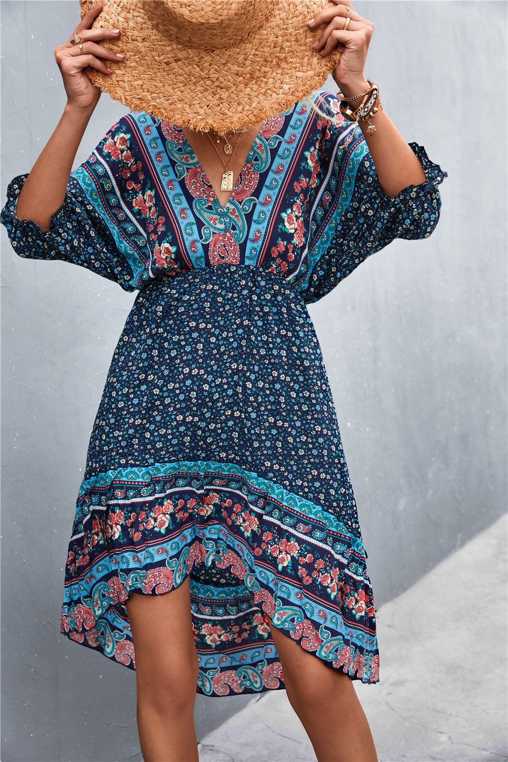 Printed Bohemian V Neck Dress [Spirit and Rebel] Navy S 