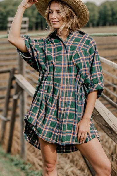 Boho Plaid Button Up Collared Neck Shirt Dress [Spirit and Rebel]   